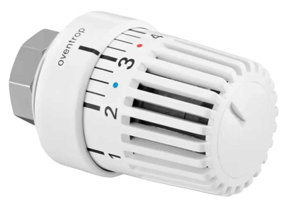 Weißer Oventrop-Thermostat mit nummerierter Skala von 1 bis 4 und einer blauen Markierung. Ausgestattet mit einem Flüssigfühler und einem schlichten Design.
